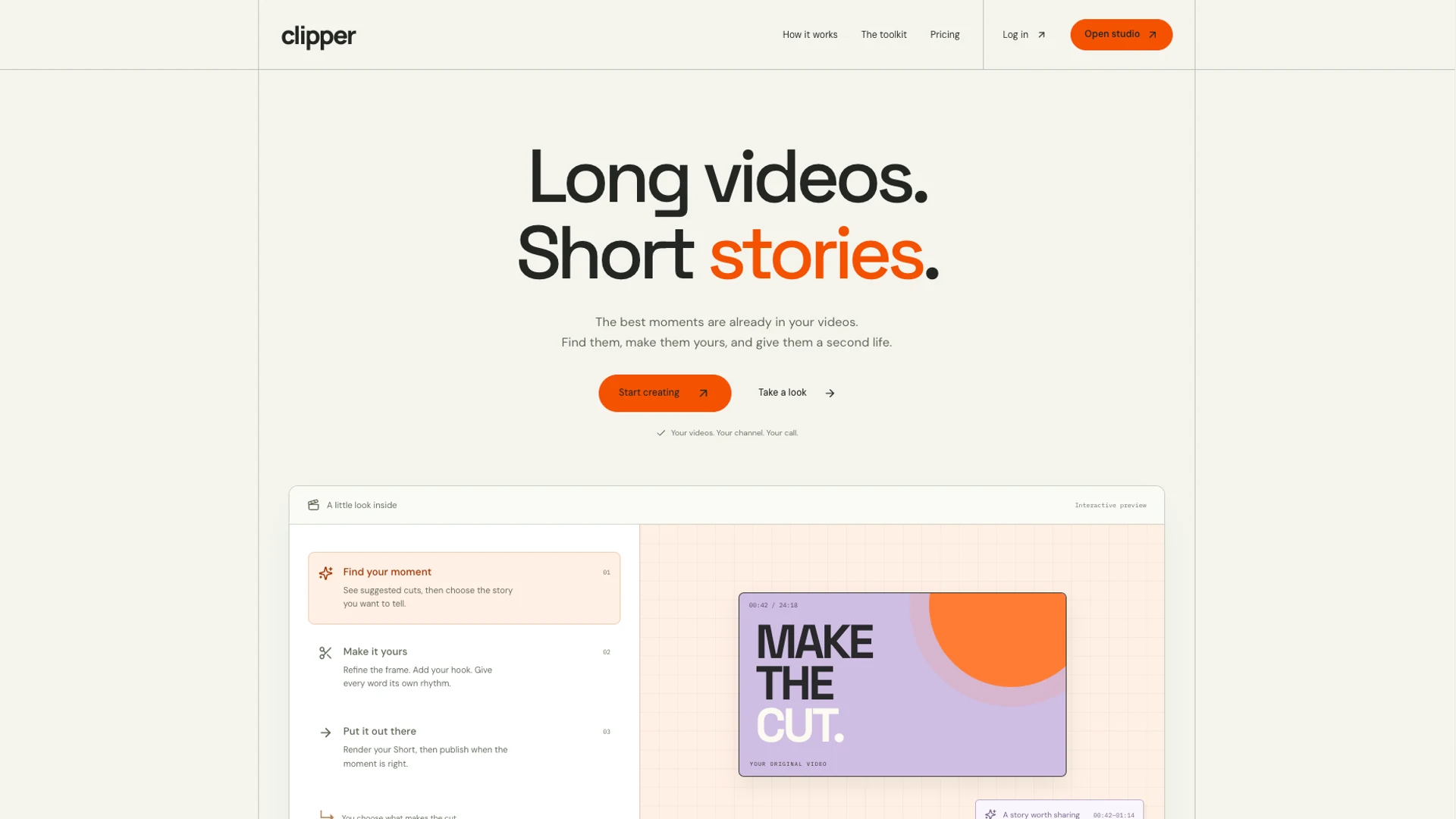 Page d’accueil de Clipper Studio et aperçu de la sélection d’extraits vidéo.