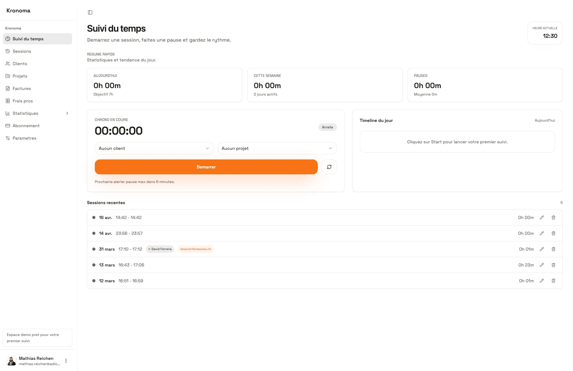 Kronoma dashboard showing time by client and project, a timer, and session history.