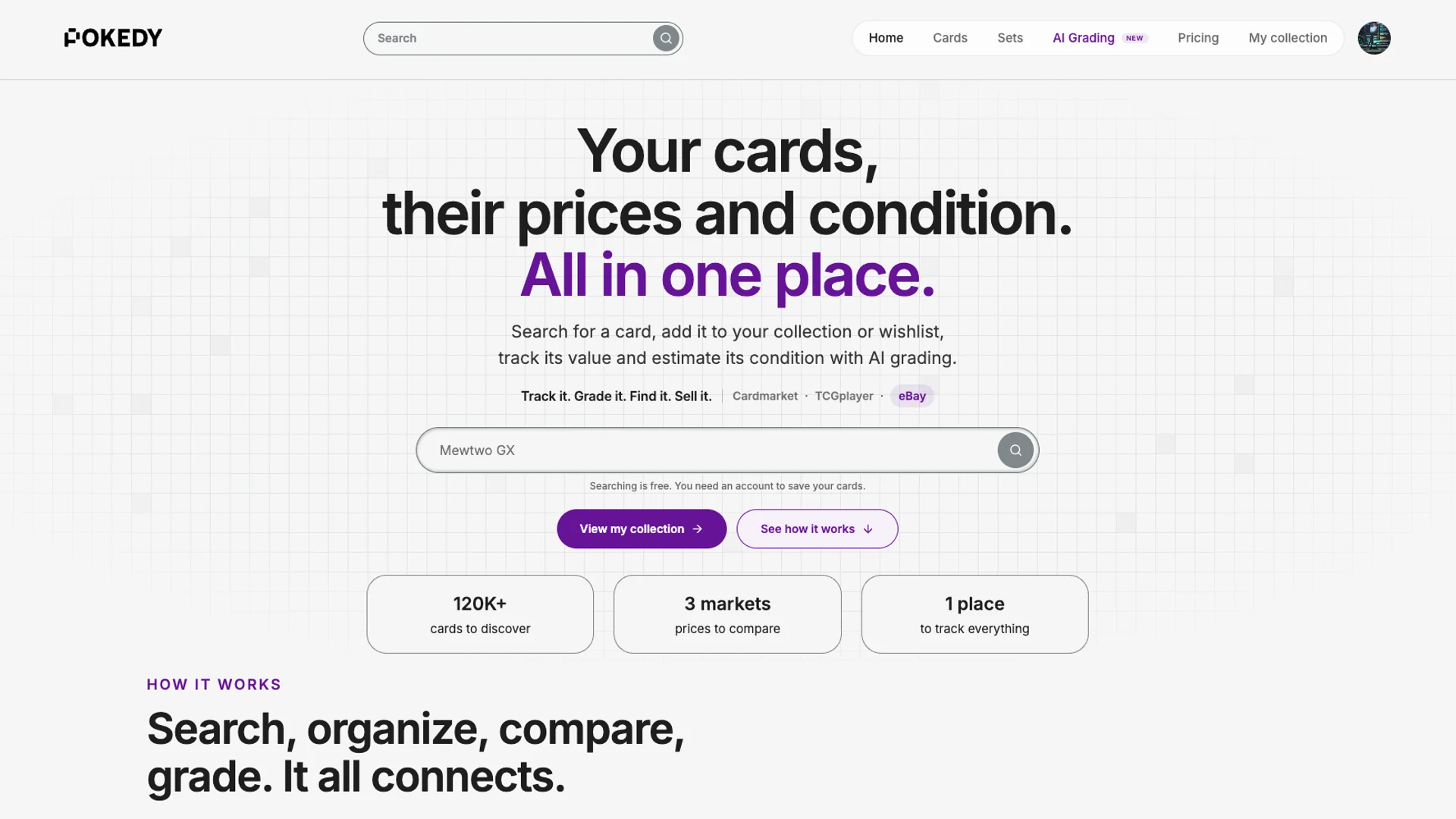 Page d’accueil de Pokedy : recherche de cartes, comparaison des prix et gestion de collection.
