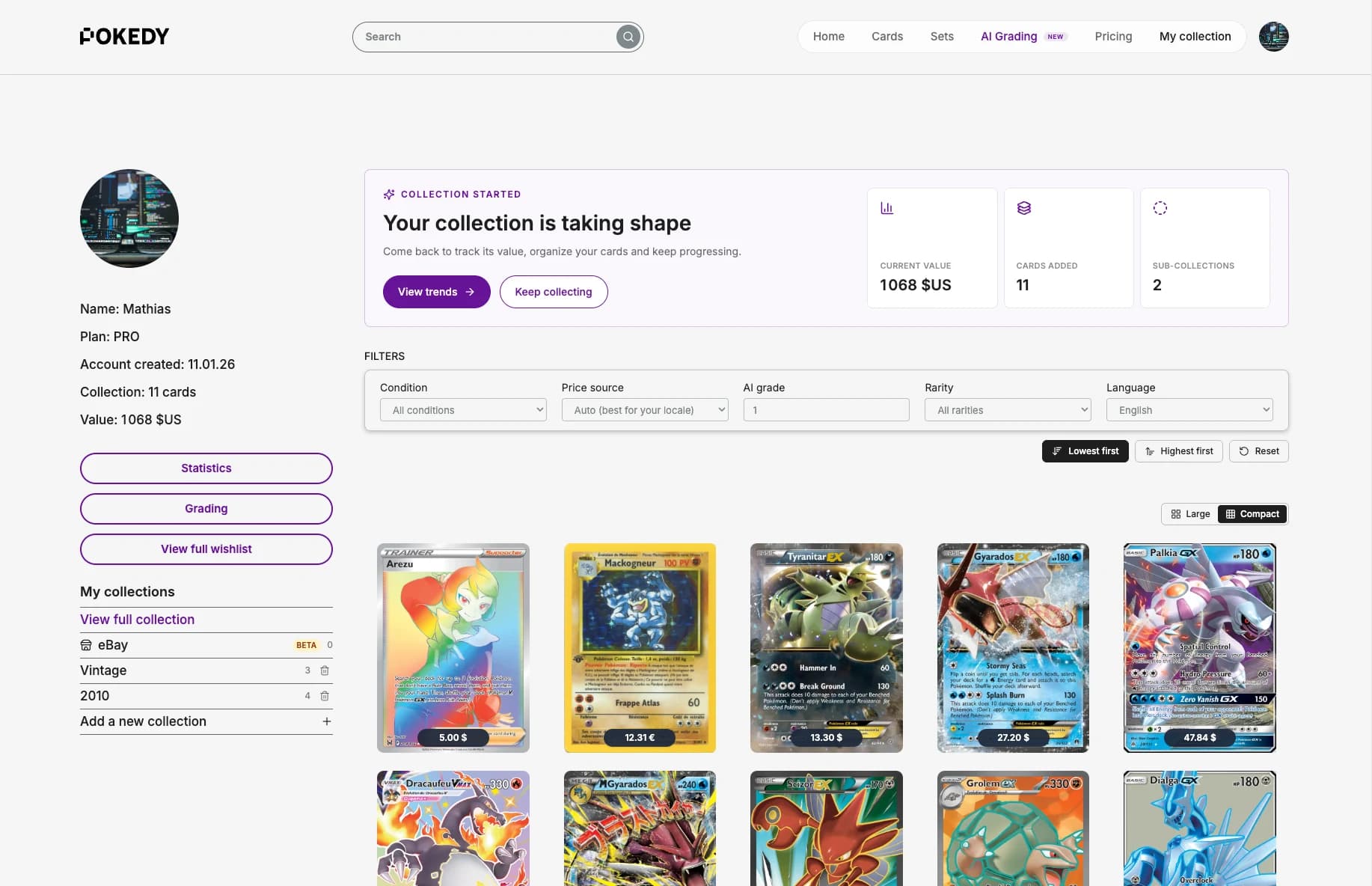 Espace collection de Pokedy : cartes enregistrées, valeur estimée, filtres et sous-collections.